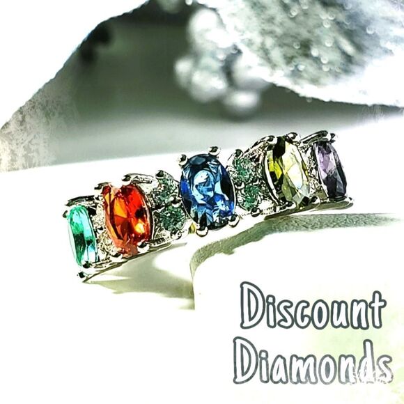 14K White Gold on 925 Multi Color Oval Cut Sapphire Cocktail Ring Women's - Picture 4 of 9